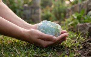 A serene close-up of a large Raw Aquamarine crystal held gently in cupped hands, suggesting clear and calm communication.