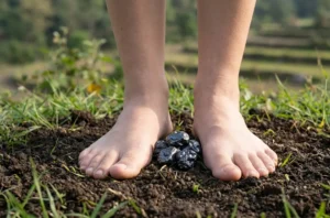 Bare feet making direct contact with soil and grass, anchored by raw metallic-black Hematite nodules in natural morning light near Dehradun.