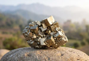 A close-up photograph of raw, cubic Peruvian Pyrite clusters resting on a river stone in soft, golden morning light near Dehradun.