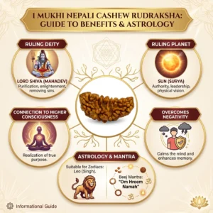 Re-contented educational infographic detailing the benefits, ruling planet (Sun), ruling deity (Shiva), and suitability of the 1 Mukhi Cashew Rudraksha.