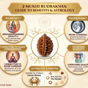 An educational infographic with a central title "2 MUKHI RUDRAKSHA: GUIDE TO BENEFITS & ASTROLOGY". A detailed brown multi-faceted Rudraksha bead is in the center, with lines branching out to four surrounding information panels.