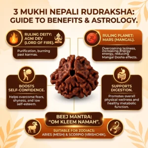 Infographic detailing the astrological benefits of the 3 Mukhi Rudraksha, including its ruling deity Agni Dev and ruling planet Mars.