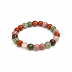 A high-resolution product photograph of the Number 9 beaded bracelet featuring red, green, and pink stones on a plain white background. for Healing Meditation and Abundance