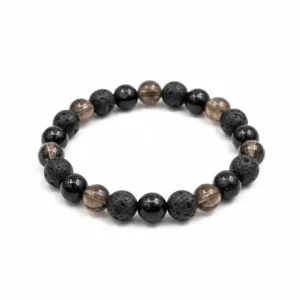 A high-resolution product photograph of the Smoky Quartz, Lava & Black Obsidian beaded bracelet on a pure white background. for Healing Meditation and Abundance