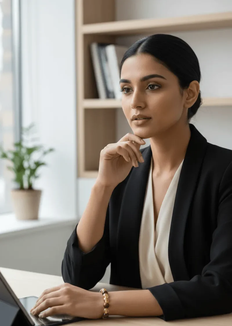 A lifestyle image of a woman wearing the Number 3 bracelet while working at a desk. for Healing Meditation and Abundance