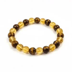A product photograph of the Citrine & Tiger Eye beaded bracelet on a white background. for Healing Meditation and Abundance