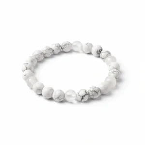 A product shot of the Howlite & Selenite Bracelet featuring white marbled Howlite beads and translucent Selenite beads for Healing Meditation and Abundance