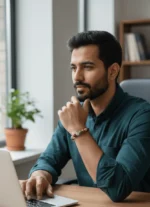 An image of a man wearing the multi-colored Number 9 bracelet while working at a laptop. for Healing Meditation and Abundance