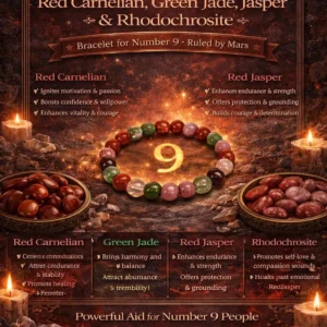 An informational graphic detailing the Numerology benefits for Number 9, ruled by Mars, for the Red Carnelian, Green Jade, Jasper, and Rhodochrosite bracelet. for Healing Meditation and Abundance