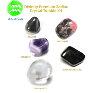 Divinity Premium Zodiac Crystal Tumble Kit for Aquarius featuring labeled tumbled stones of Hematite, Rhodonite, Amethyst, Clear Quartz, and Black Tourmaline on a white background.