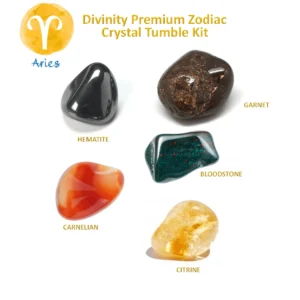 Divinity Premium Zodiac Crystal Tumble Kit for Aries featuring labeled tumbled stones of Hematite, Garnet, Carnelian, Bloodstone, and Citrine on a white background.