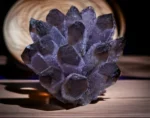 A natural ametrine phantom crystal cluster displayed under dramatic lighting on a slatted wooden surface, highlighting its deep purple and grey hues.