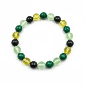 High-resolution product shot of the Malachite, Green Fluorite, Peridot & Green Jade bracelet on a pure white background. for Healing Meditation and Abundance