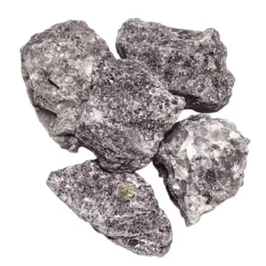 Four pieces of unpolished, raw lepidolite crystal chunks resting on a white background, showcasing their characteristic sparkly, scaly mica texture with greyish-purple hues and white quartz inclusions