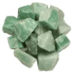 Pile of Natural Raw Green Aventurine Stones A top-down view of a pile of unpolished, raw green aventurine crystal chunks resting on a white background, showcasing their opaque, pale to medium green hues and rough, natural textures.