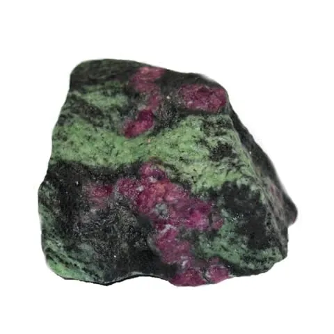 A single piece of raw, unpolished ruby zoisite crystal resting on a pure white background, showcasing vivid green stone speckled with patches of opaque red ruby and dark black hornblende