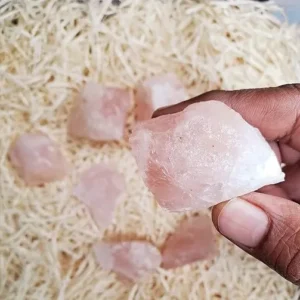 A close-up view of fingers holding a single piece of raw rose quartz, showcasing its delicate pink hue and crystalline fracture lines, with several other stones blurred in the background on a bed of shredded packing material