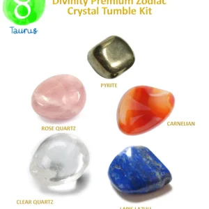 Divinity Premium Zodiac Crystal Tumble Kit for Taurus featuring labeled tumbled stones of Pyrite, Rose Quartz, Carnelian, Clear Quartz, and Lapis Lazuli on a white background.