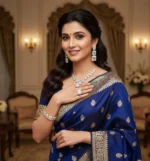 An elegant woman wearing a royal blue silk saree, adorned with a luxurious Asscher cut moissanite jewelry set including a statement necklace, large ring, drop earrings, and bracelet.