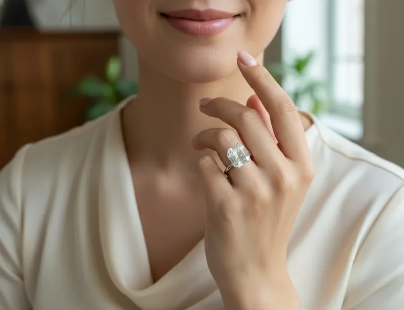 A smiling woman wearing an elegant cream blouse showcasing a large, brilliant Asscher cut moissanite solitaire engagement ring on her hand.