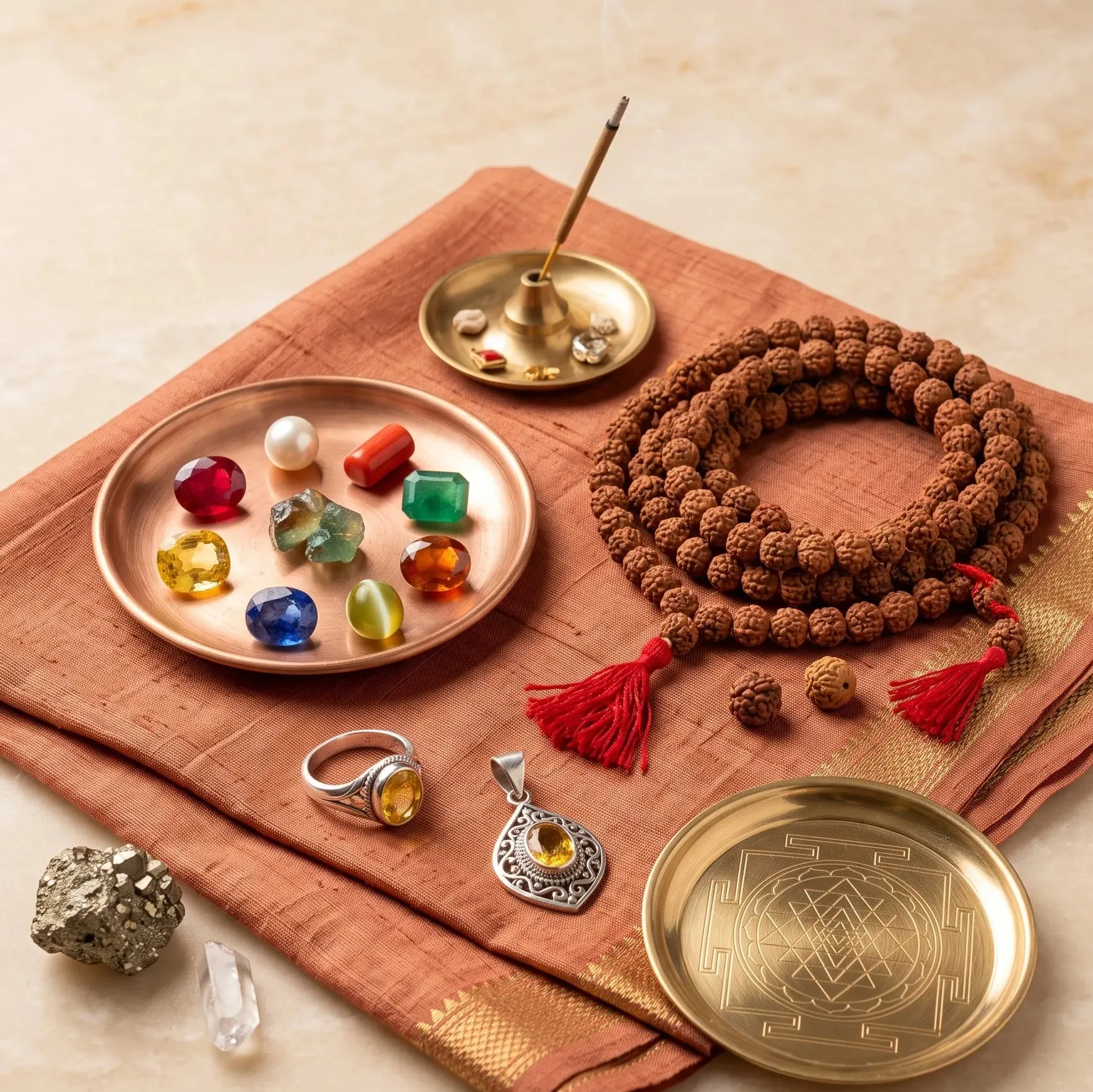 lt Text: Natural Vedic Astrological Remedies including Navagraha gemstones, Nepali Rudraksha, sacred Yantras, and astrologer-approved gemstone rings by Divinity Crystals India