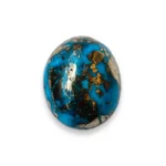 certified-natural-irani-firoza-gemstone-ring-double-polished-hero Side-angle studio shot of a lab certified, double-polished natural Irani Firoza oval cabochon on a pure white background, highlighting dense metallic brassy-gold pyrite inclusions across a sky-blue Persian turquoise body for bracelets and talismans
