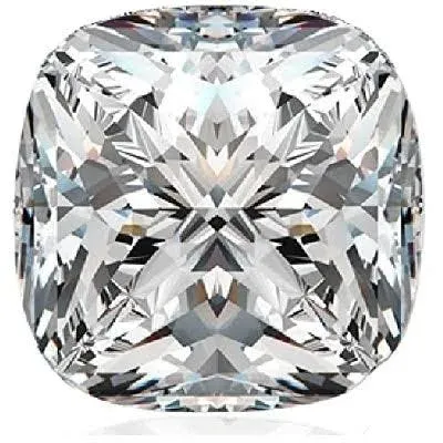 Top-down macro view of a loose cushion cut moissanite diamond simulant isolated on a pure white background, showcasing its rounded corners and brilliant faceting