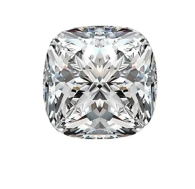 cushion-cut-moissanite-loose-stone-isolated-top-view for ring pendant necklace and jewelry making Slightly angled close-up of a loose cushion cut moissanite stone on a white background, highlighting the depth and light reflection of its pavilion facets
