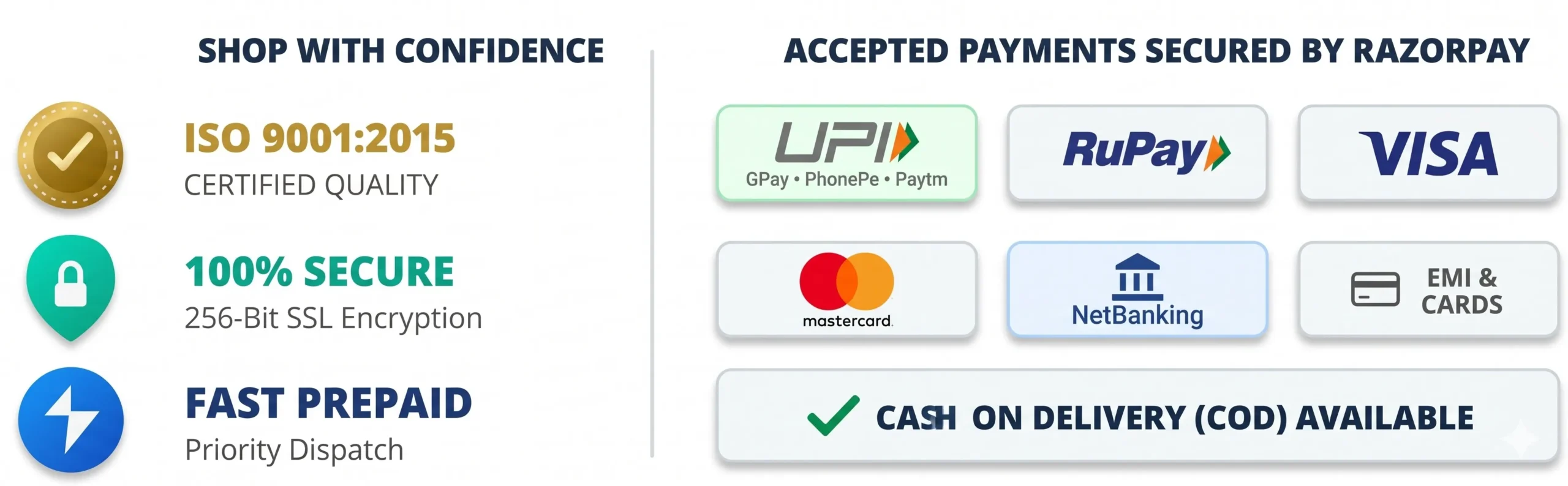 Divinity Crystals secure checkout and trust badges showing ISO 9001 certification, 256-bit SSL encryption, and accepted payment methods including UPI, RuPay, Visa, Mastercard, NetBanking, and Cash on Delivery.