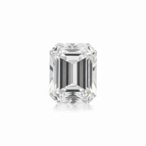Top-down macro view of a loose Emerald cut moissanite diamond simulant isolated against a pure white background, showcasing its distinct rectangular step-cut facets and clean D-color clarity.