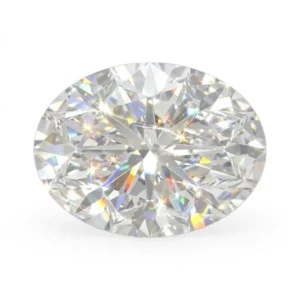 A top-down view of a loose, highly brilliant oval-cut moissanite diamond simulant on a pure white background, showcasing its intricate multi-faceted pattern, exceptional D-color VVS1 clarity, and vibrant rainbow fire
