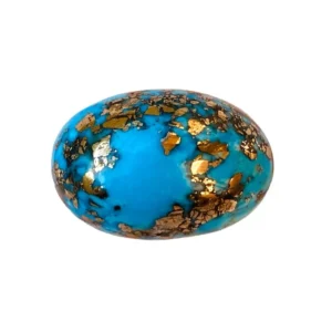 Macro top-down view of a lab certified, rare double-polished natural Irani Firoza (Persian Turquoise) oval cabochon isolated on a pure white background, showcasing deep sky-blue color and metallic golden pyrite matrix for astrological rings and pendants.