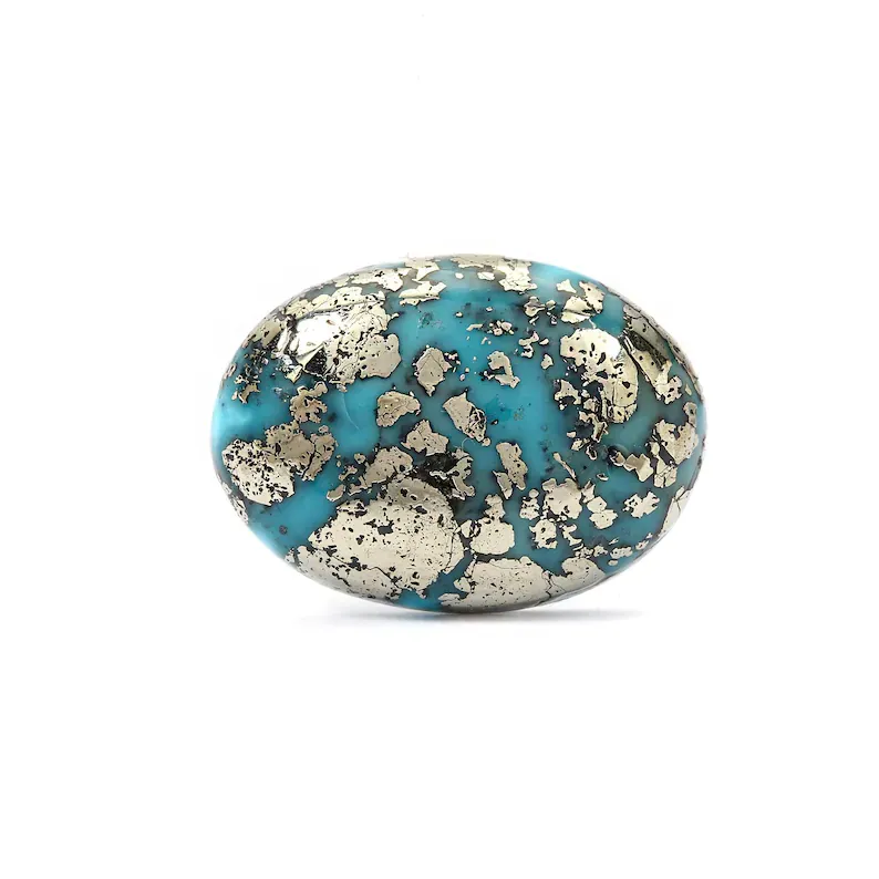 lab certified rare nishapuri irani firoza Side-angle studio shot of a lab certified, double-polished natural Irani Firoza oval cabochon on a pure white background, highlighting dense metallic brassy-gold pyrite inclusions across a sky-blue Persian turquoise body for bracelets and talismans.