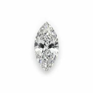 Top-down macro view of a loose marquise cut moissanite diamond simulant isolated on a pure white background, showcasing its elongated shape, pointed ends, and brilliant faceting