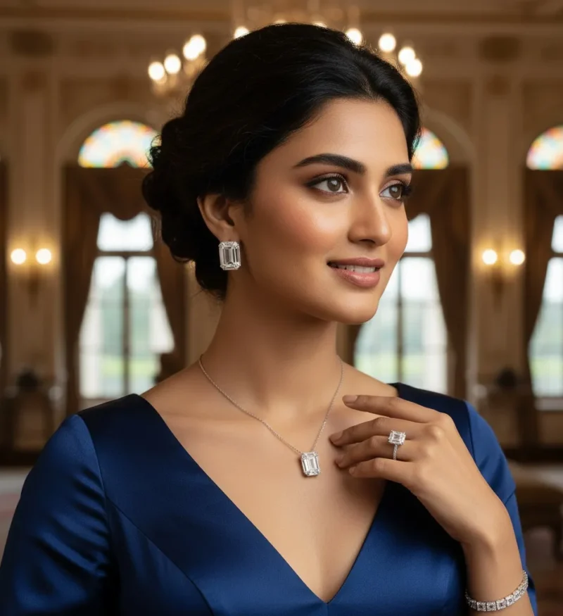 An elegant woman in a dark blue V-neck dress wearing a matching set of high-clarity Emerald cut moissanite jewelry, including statement drop earrings, a pendant necklace, and a solitaire ring.