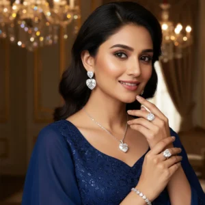 A smiling woman wearing a dark blue dress adorned with a matching set of heart cut moissanite jewelry, including drop earrings, a pendant necklace, and a statement ring.