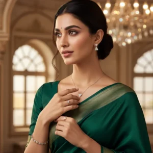 A woman dressed in an elegant green saree, wearing a matching set of delicate trillion cut moissanite jewelry featuring a pendant necklace and stud earrings.