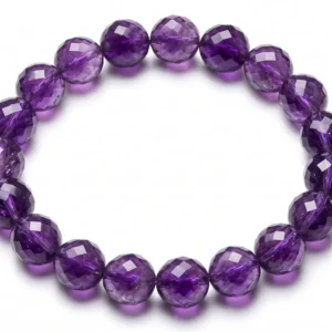 Top-down commercial product photograph of a natural, premium gem-grade Amethyst 11mm beaded bracelet made of approximately eighteen (18) diamond-cut faceted beads on a pure #FFFFFF white background. The sparkling beads showcase rich, deep royal purple and violet hues with natural color zoning and faint feather-like inclusions, demonstrating their authentic gemstone quality. Every bead is meticulously covered in precision-cut geometric facets that bounce natural light into brilliant flashes. Highly polished to a glassy, glittering luster with subtle natural drop shadows, ideal for Crown Chakra healing and spiritual connection.