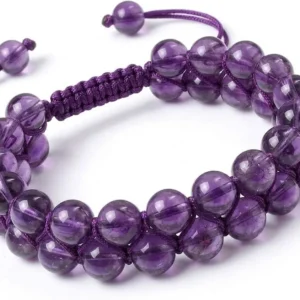 Handmade double-row natural Amethyst crystal beaded bracelet featuring polished purple beads woven with dark purple adjustable macrame thread, shown on a white background