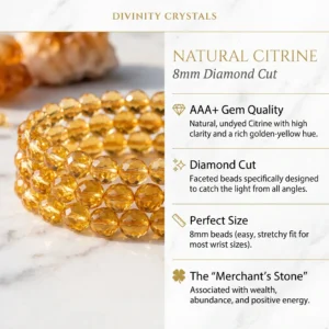 Infographic detailing the AAA+ gem quality, 8mm diamond cut, and positive energy benefits of natural citrine bracelets from Divinity Crystals.