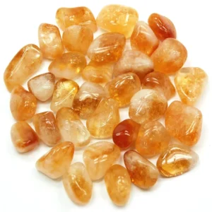 High-resolution 1:1 square studio spread of thirty-one handpicked natural golden Citrine tumbled stones isolated on a pure white background, displaying rich honey, amber, and cognac quartz tones for abundance and Solar Plexus Chakra activation.