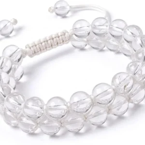 Handmade double-row natural Clear Quartz crystal beaded bracelet featuring polished sphatik beads woven with pure white adjustable macrame thread, shown on a white background
