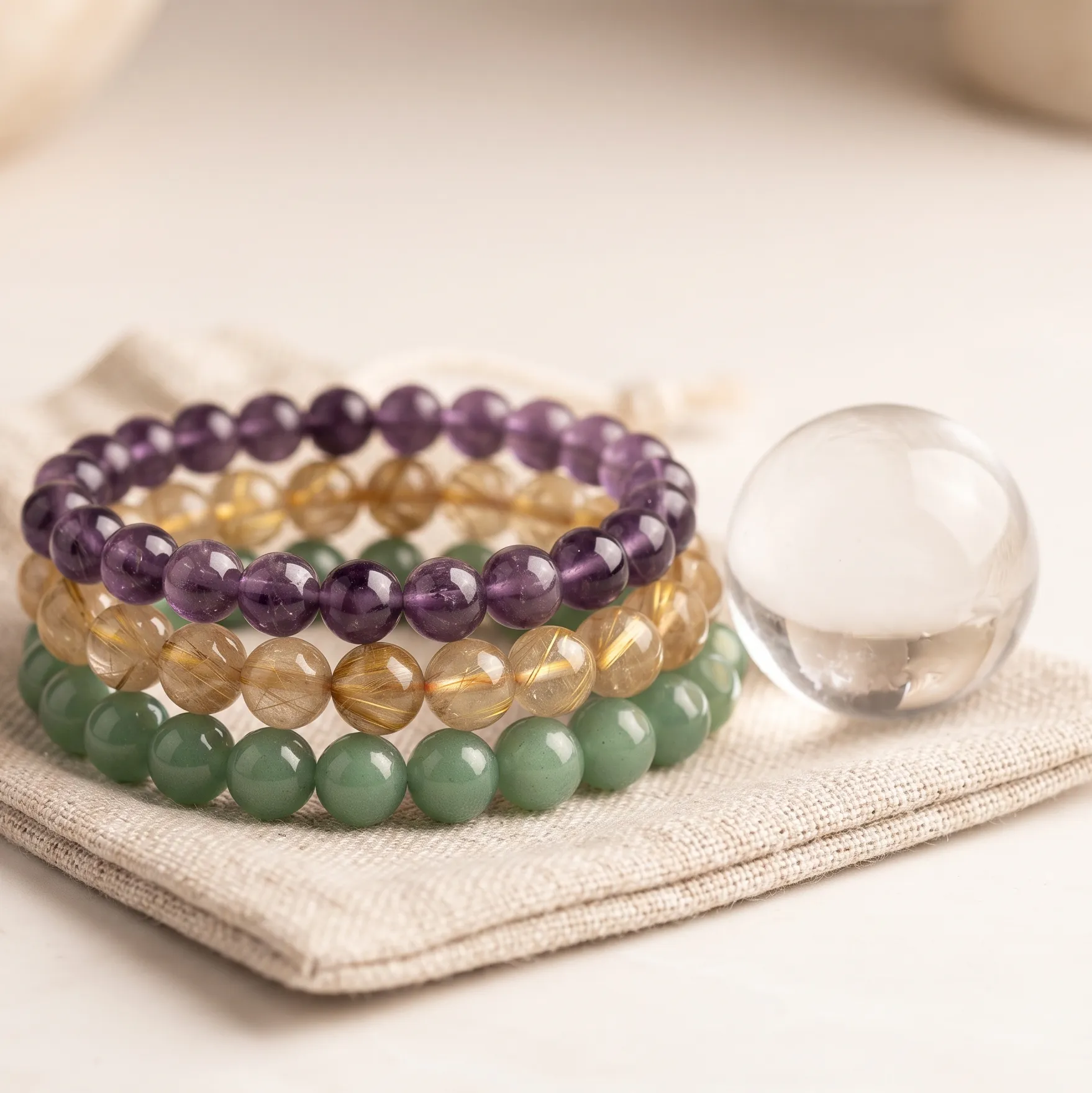 Handmade natural crystal bracelets featuring Amethyst, Golden Rutilated Quartz, and Green Aventurine beads on linen by Divinity Crystals India