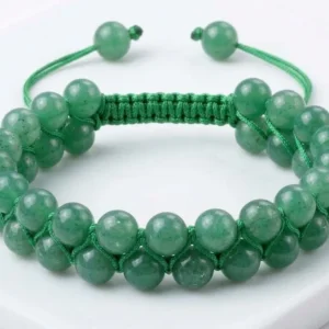 Handmade double-row natural green aventurine crystal beaded bracelet featuring polished green aventurine beads woven with adjustable green macrame thread, shown on a white background