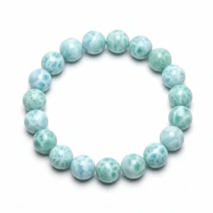 Top-down commercial product photograph of a natural, premium gem-grade Larimar 11mm beaded bracelet made of approximately eighteen (18) round beads on a pure #FFFFFF white background. The beautiful beads showcase a natural greenish-blueish (seafoam, pale aqua-blue, and turquoise-tinted blue) color palette, heavily marbled with natural, wave-like and web-like white patterns (totally free of brown, red, or dark marks). Captures the stone's semi-translucent, glass-like luster and highly polished finish, reflecting natural light for Throat Chakra healing and tranquility.