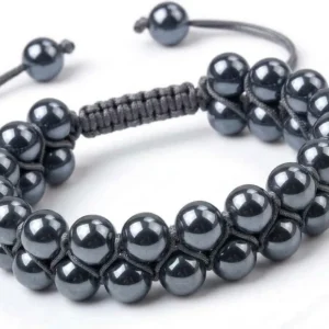 Handmade double-row natural hematite crystal beaded bracelet featuring polished hematite beads woven with adjustable grey thread, shown on a white background