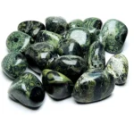 Studio cluster of eighteen mirror-polished natural Kambaba Jasper tumbled stones isolated on a pure white background, showcasing deep forest-green and black orbicular stromatolite swirl patterns for Heart and Root Chakra grounding.
