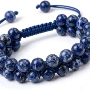Handmade double-row natural lapis lazuli crystal beaded bracelet featuring polished lapis lazuli beads woven with adjustable blue thread, shown on a white background