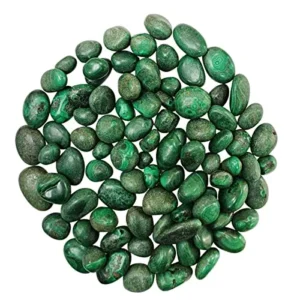 Circular studio flat-lay of polished natural green Malachite tumbled stones isolated on a pure white background, showcasing deep emerald and forest-green concentric bullseye banding for Heart Chakra transformation and protection.