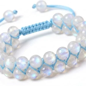 Handmade double-row natural rainbow moonstone crystal beaded bracelet featuring polished rainbow moonstone beads woven with adjustable sky blue thread, shown on a white background